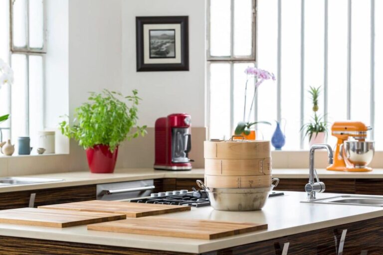 A kitchen with a wooden counter top.