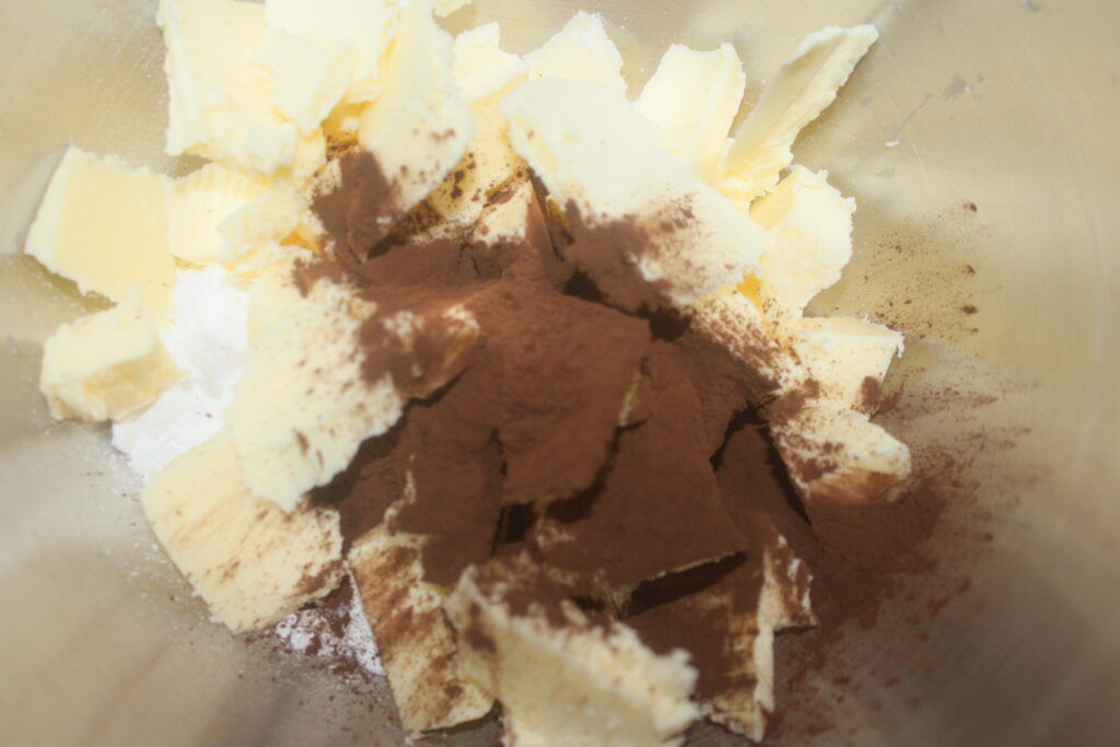 Morceaux de chocolat et beurre avec de la poudre de cacao fine dans un bol à mélanger.